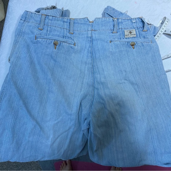 Trashed Vintage New River Pleated Straight Jeans Destroyed 34L Cuffed Ripped - Picture 12 of 14